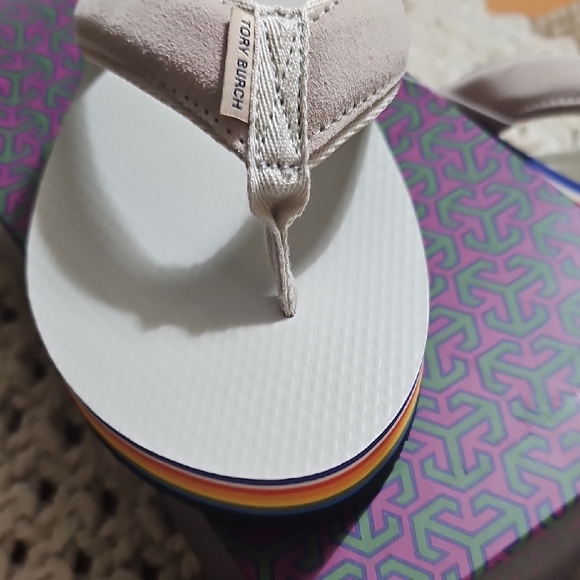 70's Platform Flip Flops Tory Burch Calcare/Sterling Gray / Rainbow Size 10 New - Picture 4 of 9